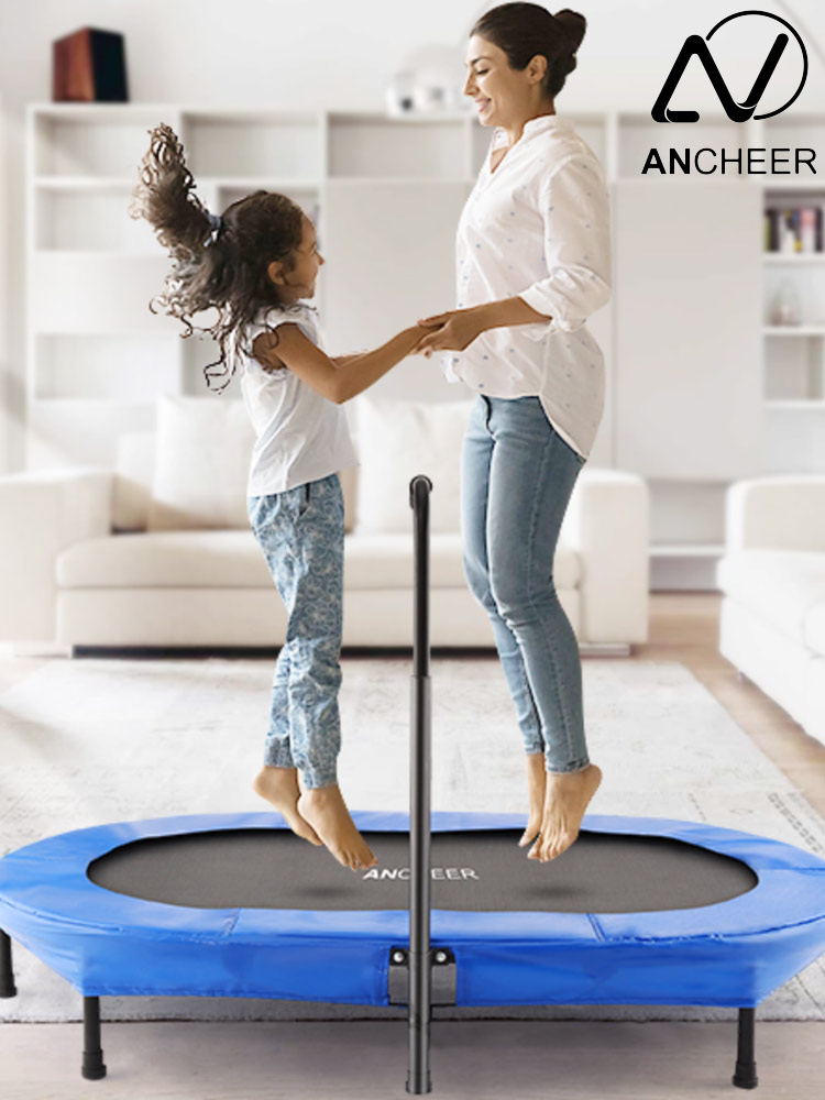 two boys jumping together on the ancheer double trampoline