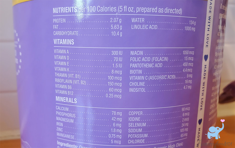 nutrition facts of the babys only a2 milk gentle infant formula