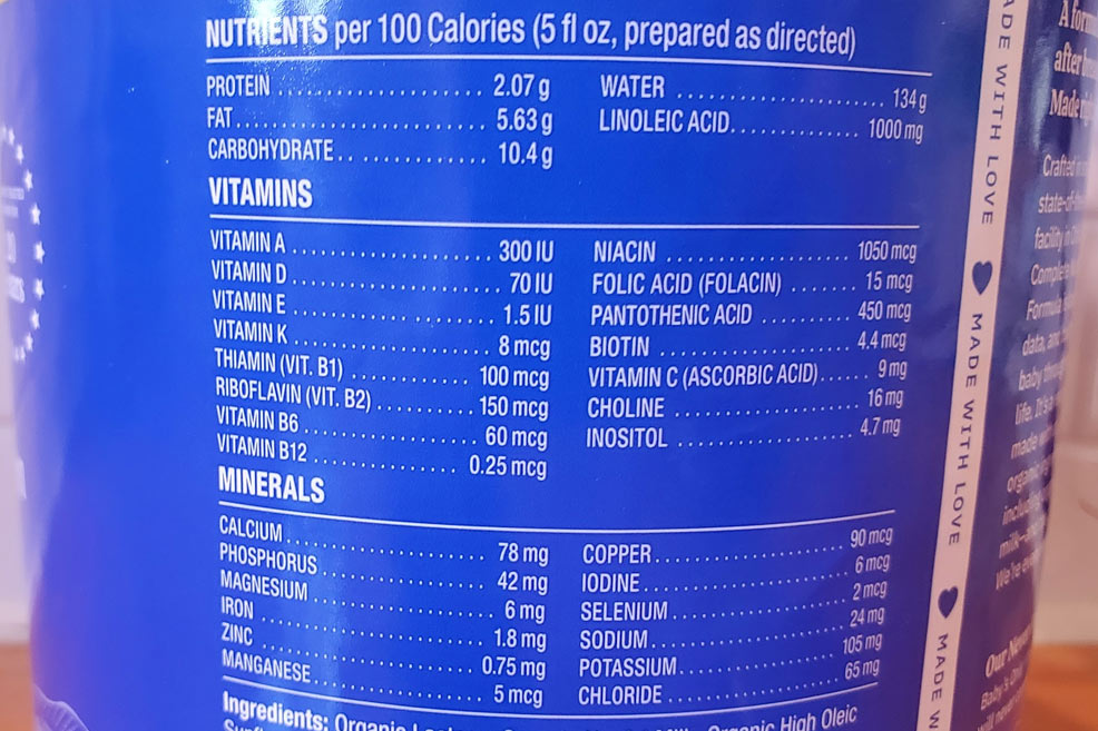 nutrition facts of the babys only infant formula