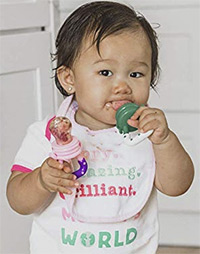 a baby chewing on an ashtonbee fruit feeder