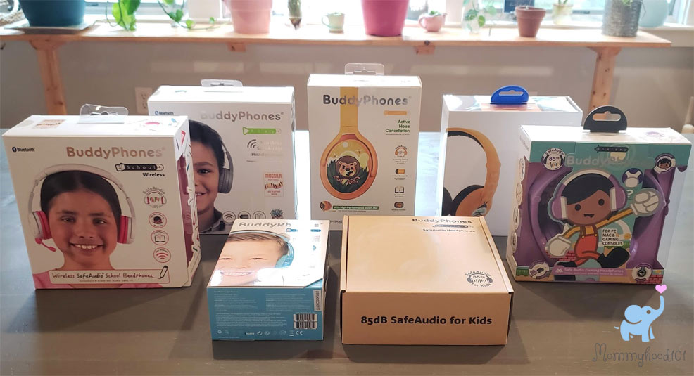assorted models of buddyphones kids headphones for testing