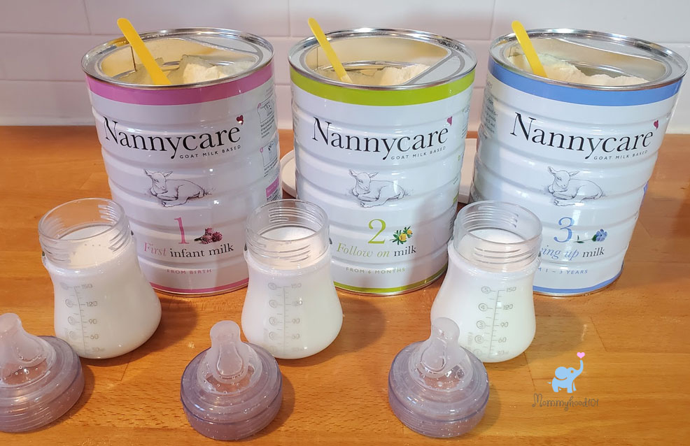 nannycare goat baby formula tins and bottles