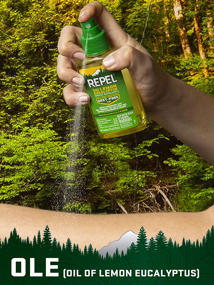 REPEL Mosquito Repellent the repel lemon eucalyptus insect repellent being sprayed in the forest